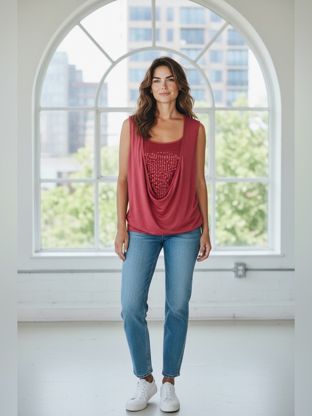 SHEIN Dusty Rose Draped Sequin Tank Top